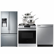Samsung 33" 25.5 Cu. Ft. French Door Refrigerator; Electric Range; Dishwasher; Cookware Set - Stainless